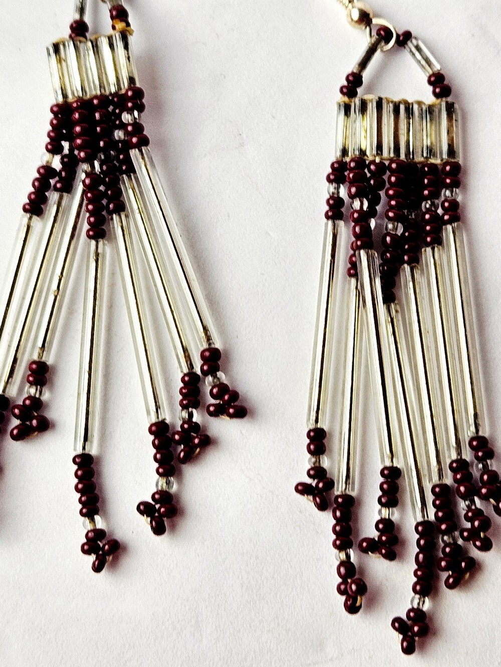 Vintage Boho Beaded Fringe Dangle Earrings Maroon Seed Glass Bugle Tiered